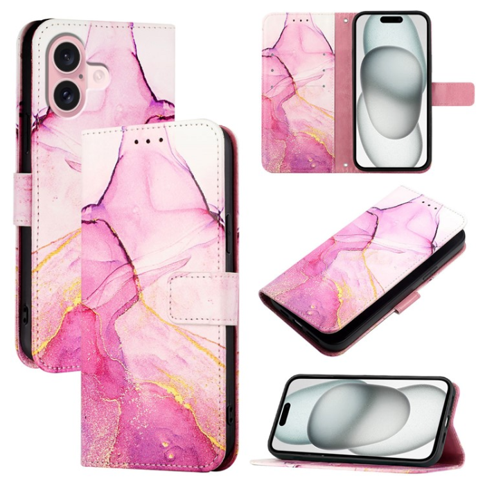 A-One Brand - iPhone 16 Plus Plånboksfodral Marble Pattern med Rem LS001