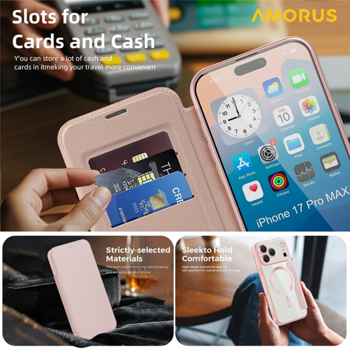 Amorus - AMORUS iPhone 17 Pro Max Plånboksfodral MagSafe RFID - Rosa