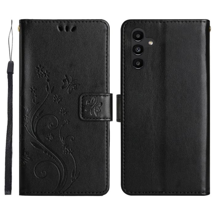 OEM - Samsung Galaxy S26 Plus Plånboksfodral Konstläder Fjäril Blomma - Svart