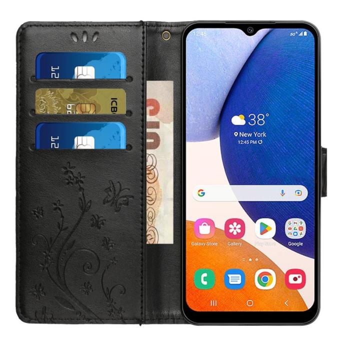 OEM - Samsung Galaxy S26 Plus Plånboksfodral Konstläder Fjäril Blomma - Svart