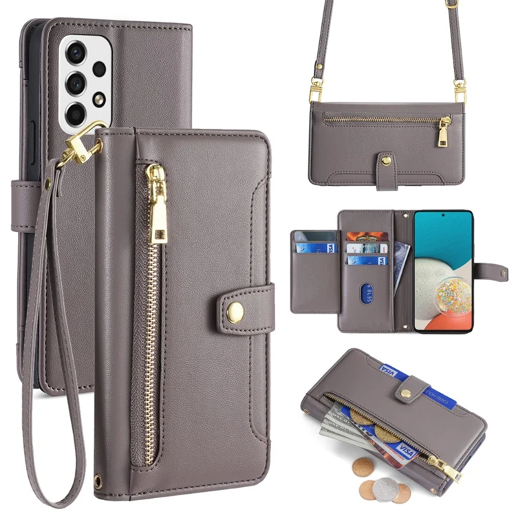 Galaxy A53 5G Konstläder Plånboksfodral Crossbody Axelrem - Grå (Grå) | 2353 | AlltMobil