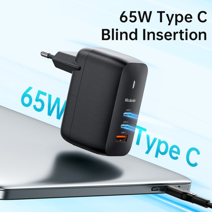 Mcdodo - MCDODO GaN Snabbladdare 65W 2x USB-C - USB-A EU Mini Svart