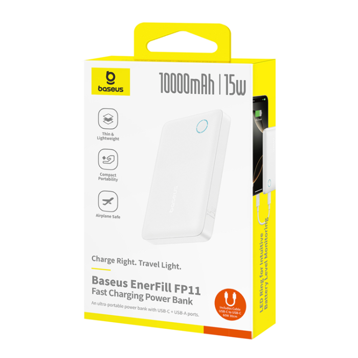 BASEUS - Baseus Powerbank 10000mAh 15W med USB-C Kabel 3m - Vit