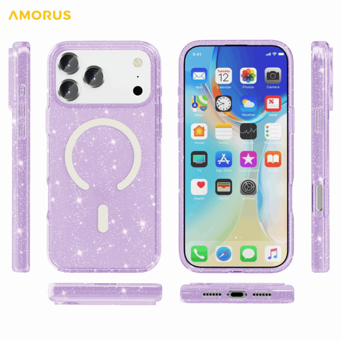AMORUS - AMORUS Mobilskal till iPhone 17 Pro Magsafe Glitter Powder PC + TPU - Lila