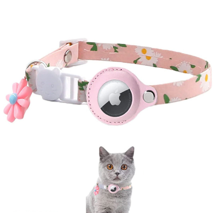 A-One Brand - Airtag Katt Halsband Blommönstrat PU-läder - Rosa