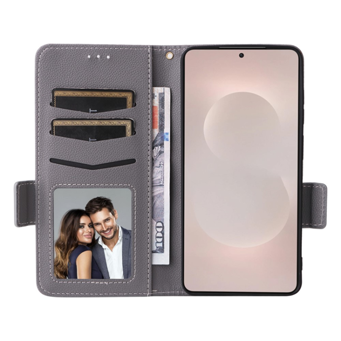 A-One Brand - Galaxy S26 Edge Plånboksfodral Litchi Läder med Rem - Grå