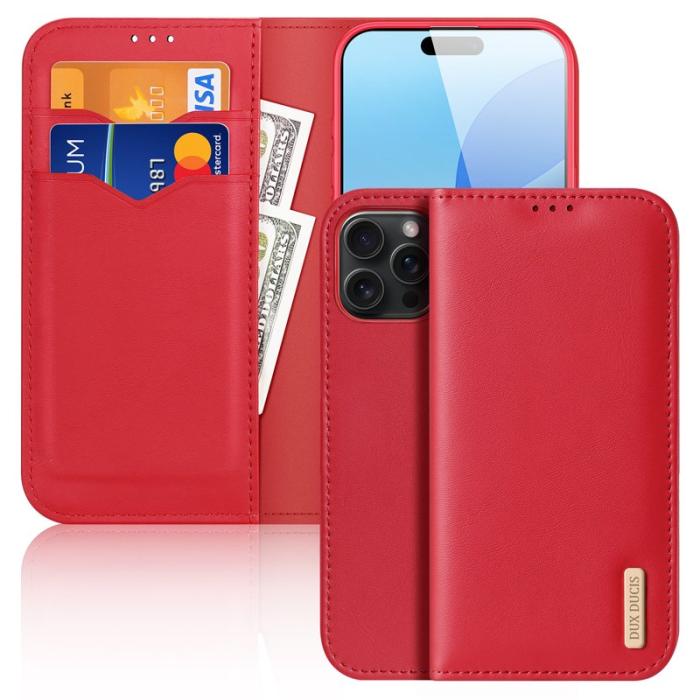 Dux Ducis - DUX DUCIS Hivo Series iPhone 16 Pro Plånboksfodral Äkta läder - Röd