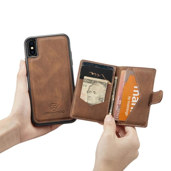 JEEHOOD - JEEHOOD iPhone XS/X Plånboksfodral Konstläder TPU Avtagbart Ställ - Brun