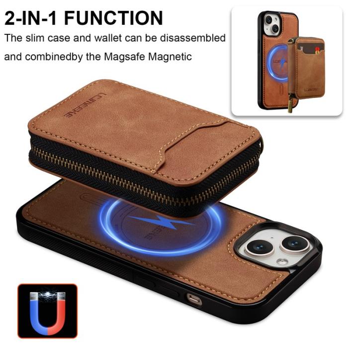 LC.imeeke - LC.IMEEKE L6 iPhone 15 Plånboksfodral Magnetiskt Konstläder - Brun