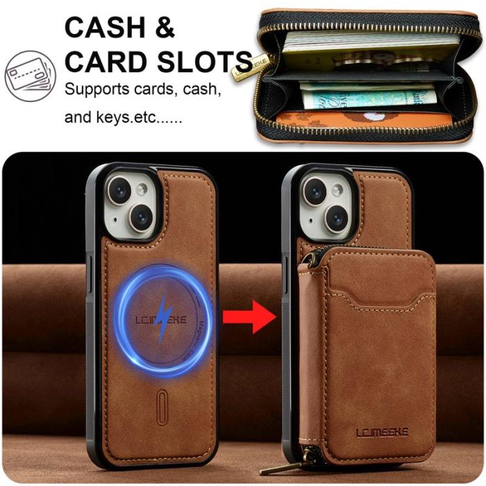 LC.imeeke - LC.IMEEKE L6 iPhone 15 Plånboksfodral Magnetiskt Konstläder - Brun
