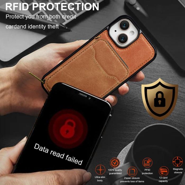 LC.imeeke - LC.IMEEKE L6 iPhone 15 Plånboksfodral Magnetiskt Konstläder - Brun