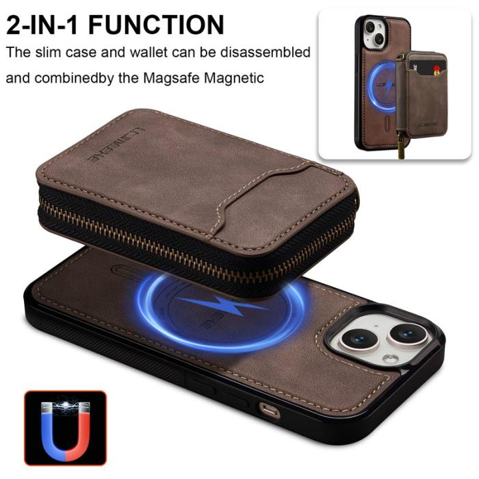 LC.imeeke - LC.IMEEKE L6 iPhone 15 Plånboksfodral Magnetiskt - Konstläder - Brun