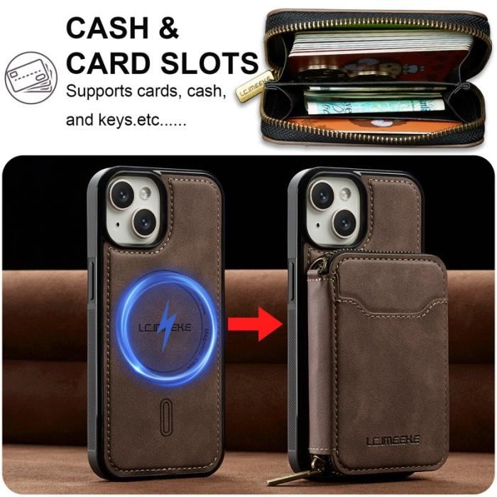 LC.imeeke - LC.IMEEKE L6 iPhone 15 Plånboksfodral Magnetiskt - Konstläder - Brun