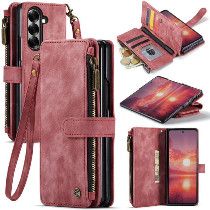 Caseme - CASEME Galaxy Z Fold 7 Plånboksfodral Med Rem läder - Röd