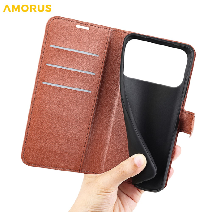 Amorus - AMORUS iPhone 17 Pro Plånboksfodral Flipstativ Litchi - Brun
