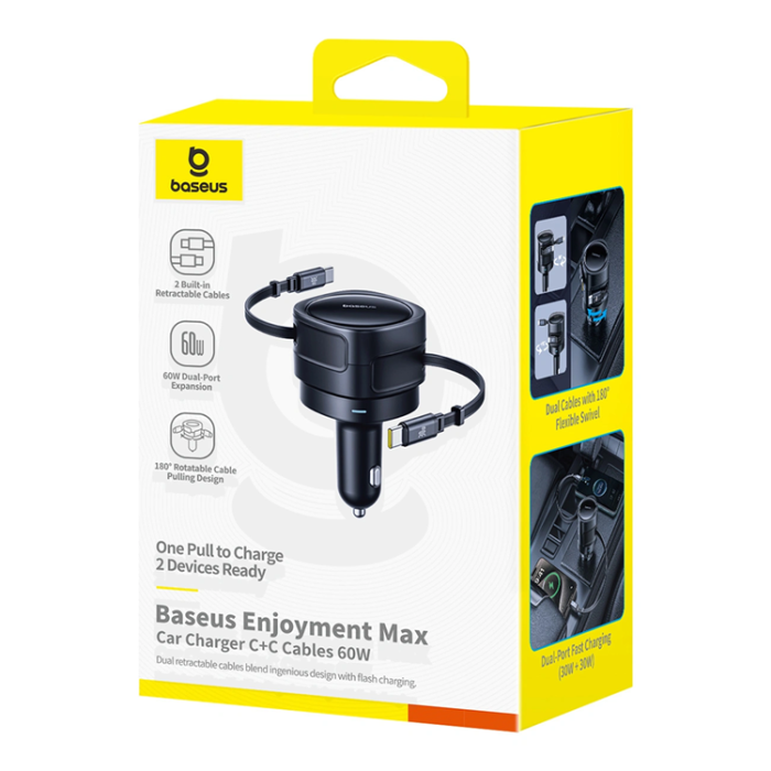 BASEUS - Baseus Billaddare USB-C Till USB-C Kabel Retractable 60W - Svart