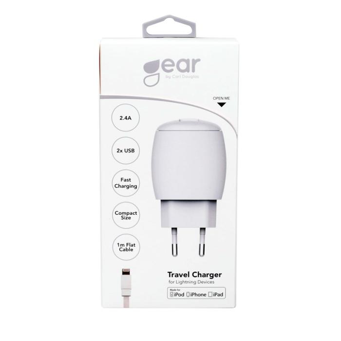 UTGATT4 - GEAR Laddare 220V 2xUSB 2,4A Lightning Kabel platt 1m MFI - Vit