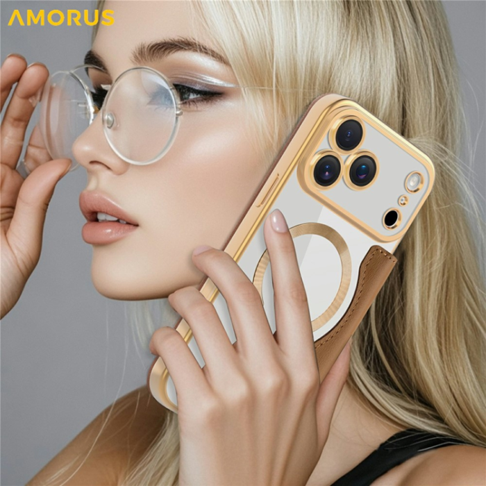 Amorus - AMORUS iPhone 17 Pro Max Plånboksfodral MagSafe RFID - Brun