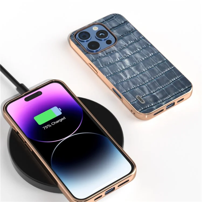ABEEL - ABEEL iPhone 16 Pro Max Mobilskal Äkta läder Crocodile - Blå