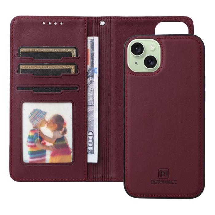 BETOPNICE - BETOPNICE iPhone 15 Plus Plånboksfodral - Detachable Konstläder- Vinröd