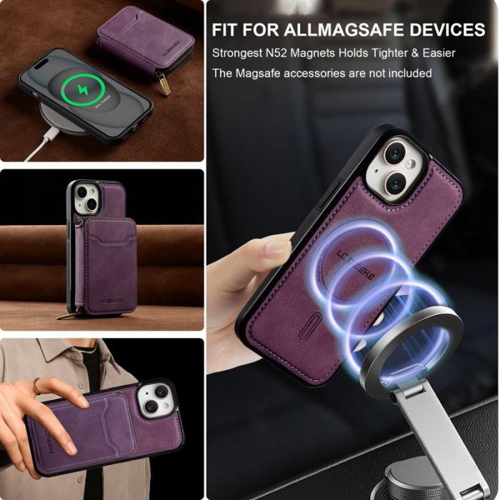 LC.imeeke - LC.IMEEKE L6 iPhone 15 Plånboksfodral Magnetiskt Konstläder - Lila