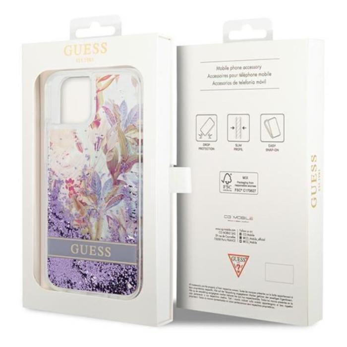 Guess - GUESS iPhone 14 Skal Flower Liquid Glitter - Lila