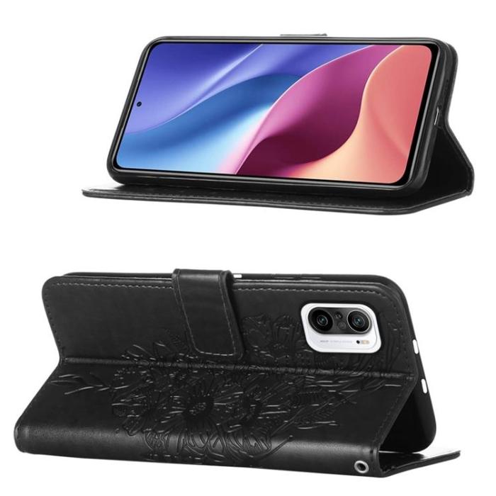 A-One Brand - Butterfly Flower Imprinted Plånboksfodral Xiaomi 12 Pro - Svart