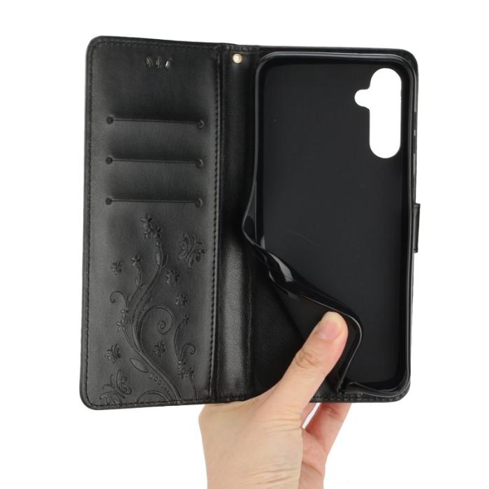 OEM - Samsung Galaxy S26 Plus Plånboksfodral Konstläder Fjäril Blomma - Svart