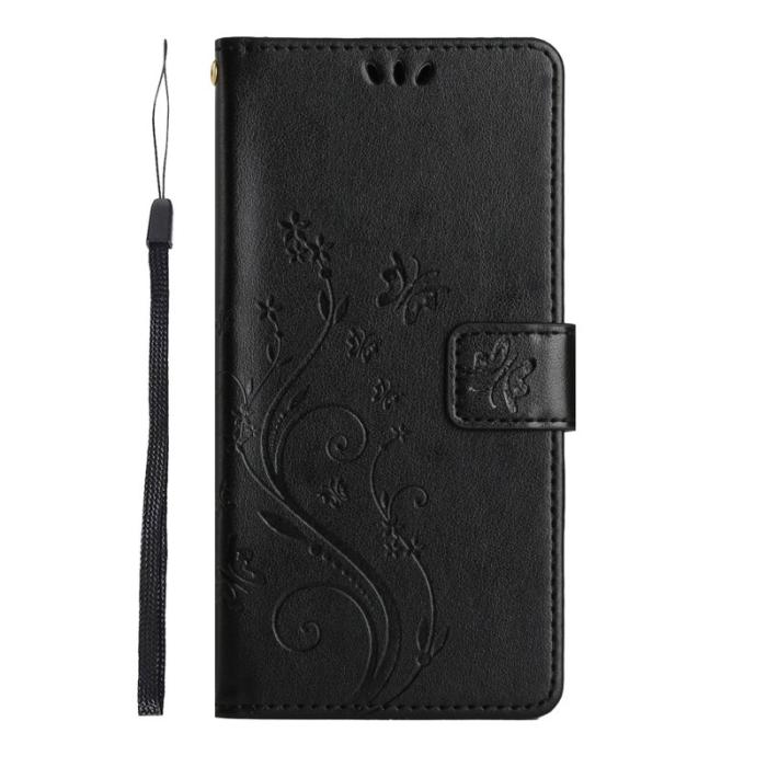 OEM - Samsung Galaxy S26 Plus Plånboksfodral Konstläder Fjäril Blomma - Svart