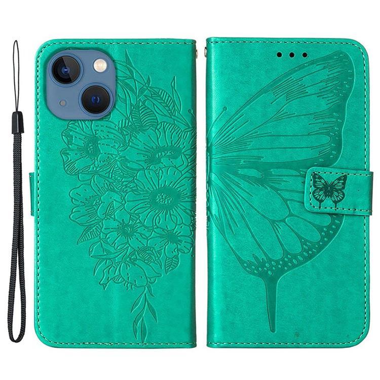 iPhone 14 Plus Plånboksfodral Butterfly Flower Imprinted - Grön | 2353 | AlltMobil