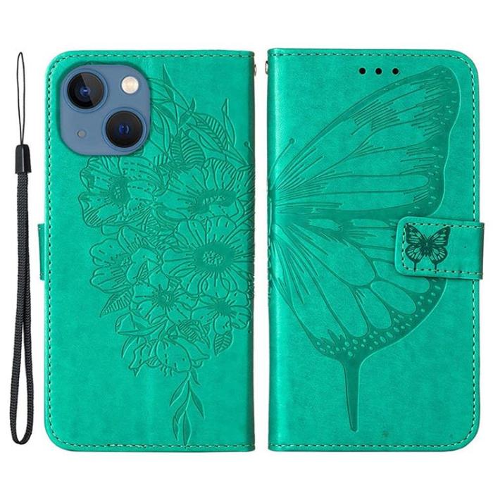 OEM - iPhone 14 Plus Plånboksfodral Butterfly Flower Imprinted - Grön