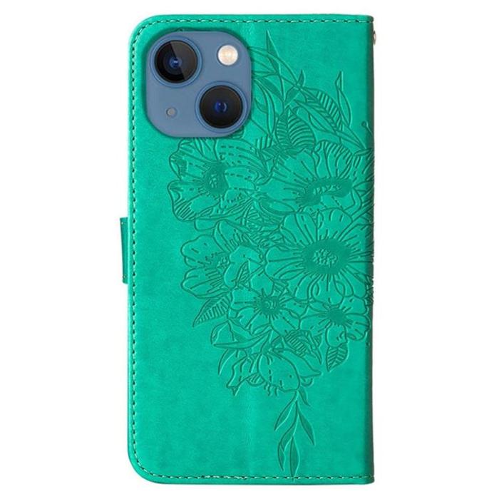 OEM - iPhone 14 Plus Plånboksfodral Butterfly Flower Imprinted - Grön