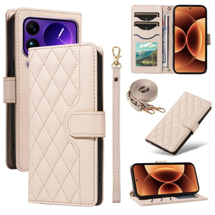 A-One Brand - Xiaomi 17 Pro Max Plånboksfodral Rhombus Läder Med Rem - Apricot