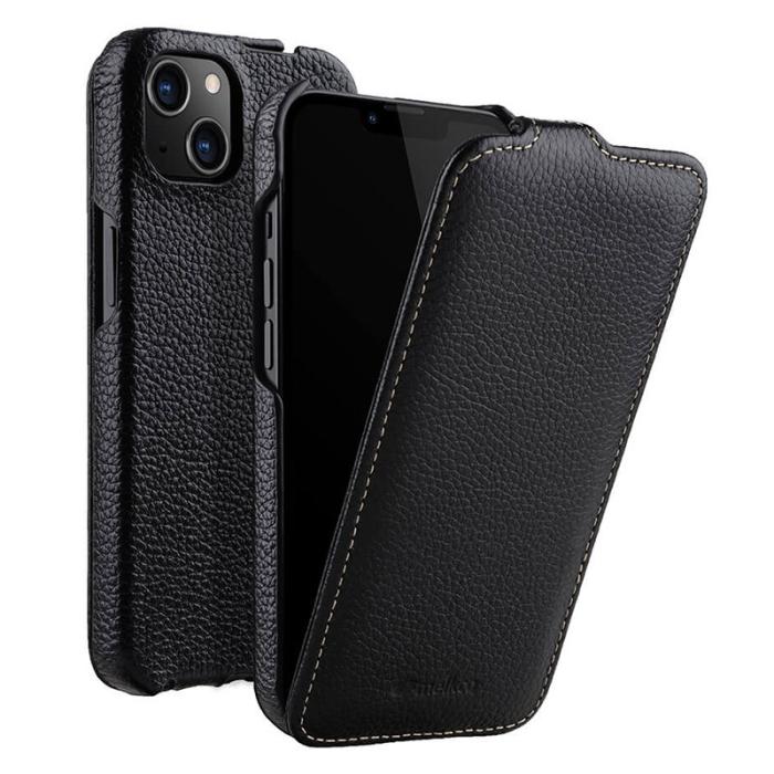 Melkco - MELKCO iPhone 14 Plus Litchi Textur Vertikalt Flipfodral Äkta Läder Svart