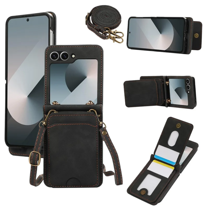 A-One Brand - Galaxy Z Flip7 Plånboksfodral Kickstand med Axelrem - Svart