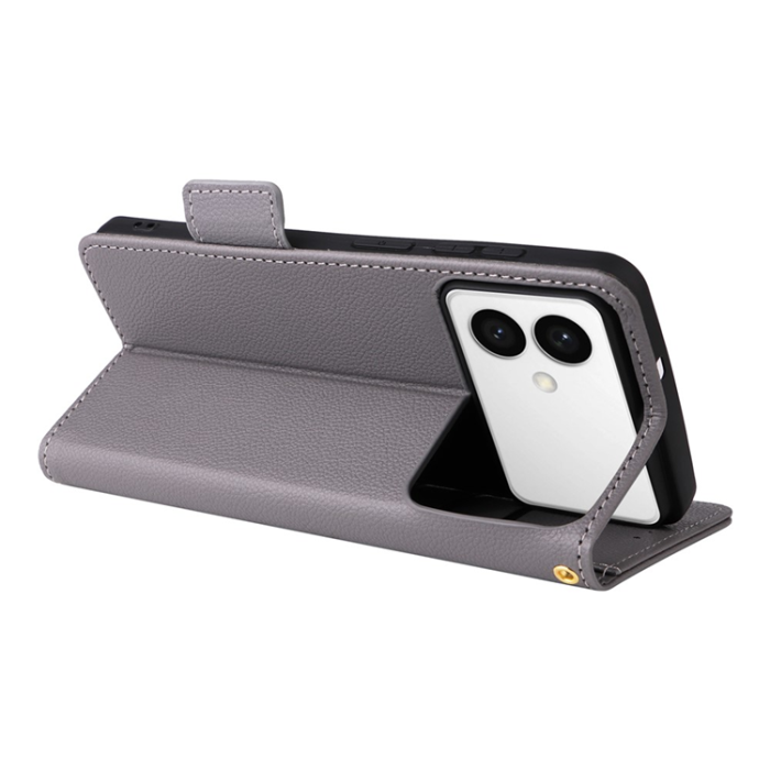 A-One Brand - Galaxy S26 Edge Plånboksfodral Litchi Läder med Rem - Grå