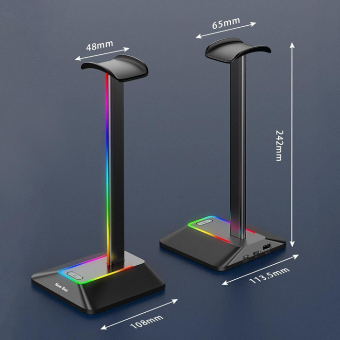 A-One Brand - NEW BEE RGB-Ljus Hörlursställ med USB, Typ-C Expansionshub Z8 - Svart