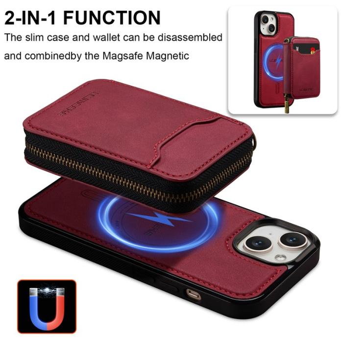 LC.imeeke - LC.IMEEKE L6 iPhone 15 Plånboksfodral Magnetiskt - Röd Konstläder