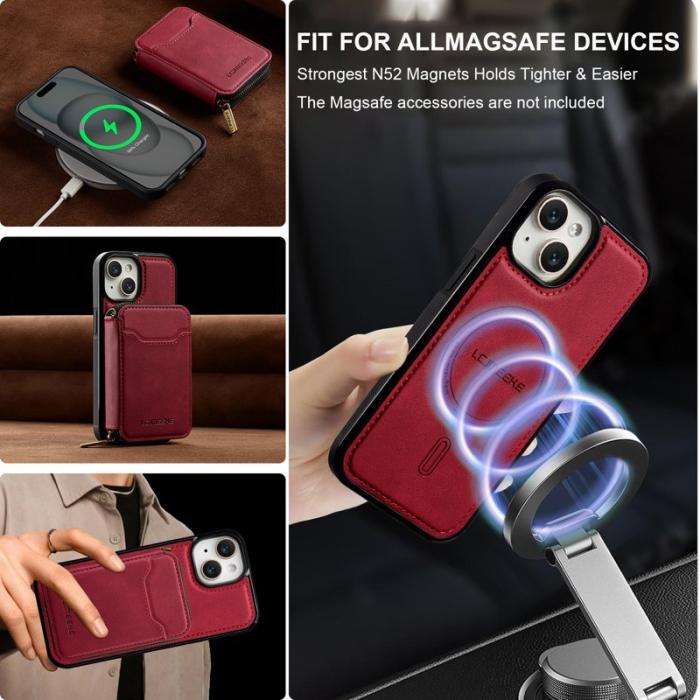 LC.imeeke - LC.IMEEKE L6 iPhone 15 Plånboksfodral Magnetiskt - Röd Konstläder