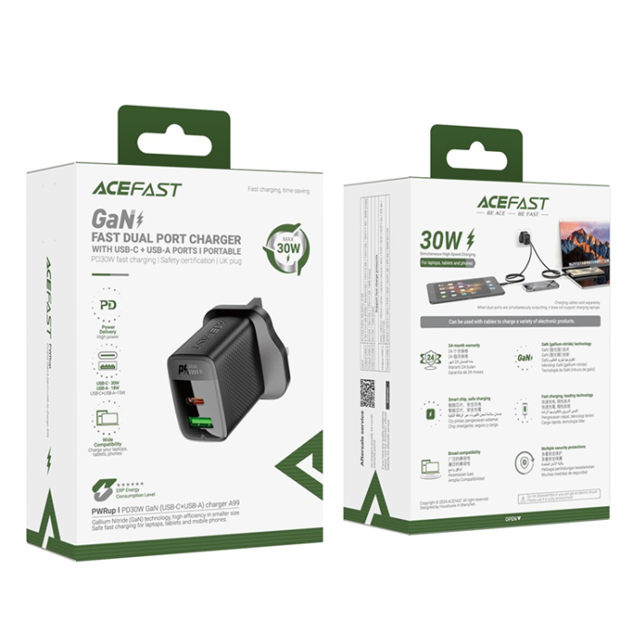 Acefast - ACEFAST GaN Snabbladdare 30W USB-A - USB-C PD UK A99 - Svart