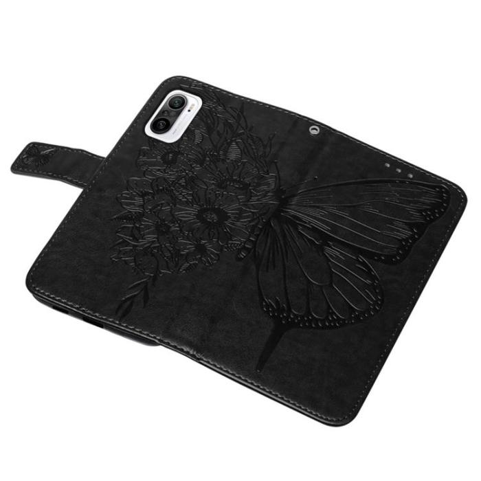 A-One Brand - Butterfly Flower Imprinted Plånboksfodral Xiaomi 12 Pro - Svart