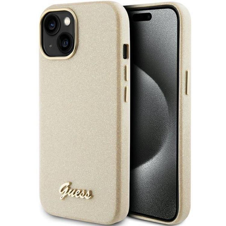 Guess iPhone 15 Mobilskal Glitter Glossy Script - Guld | 2353 | AlltMobil