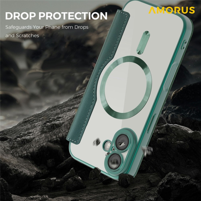 Amorus - AMORUS iPhone 17 Plånboksfodral MagSafe RFID Blocking - Grön