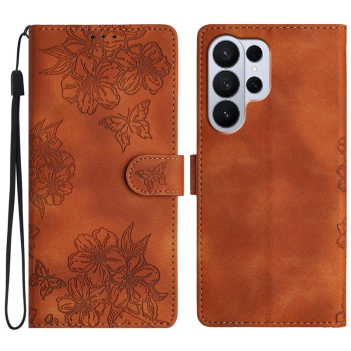 OEM - Mobilskal till Samsung Galaxy S26 Ultra Butterfly Blomma Mönster Konstläder Brun