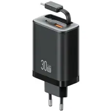 USAMS - USAMS Snabbladdare 30W 1xUSB-C 1xUSB-A Med USB-C Kabel - Svart