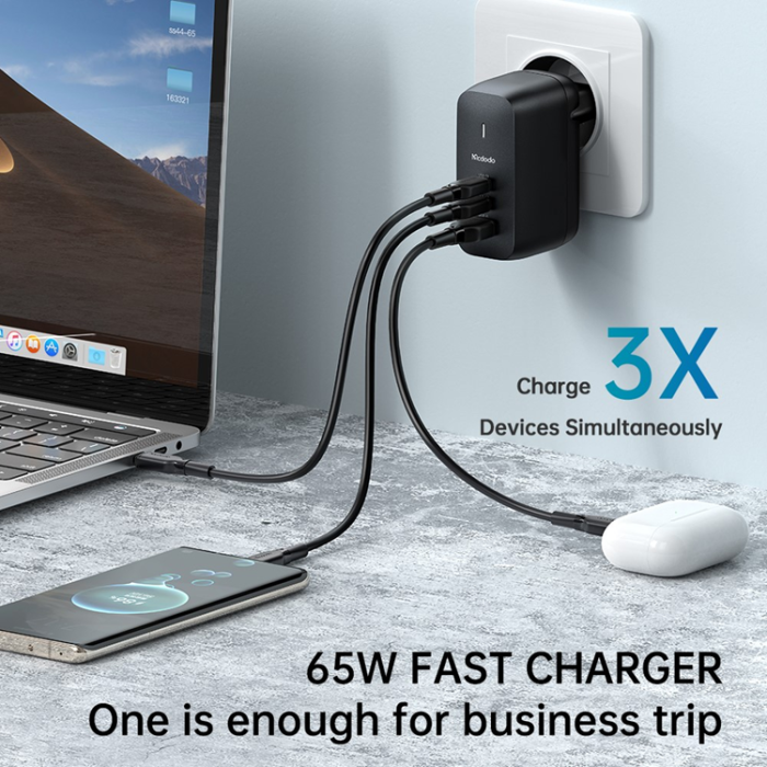 Mcdodo - MCDODO GaN Snabbladdare 65W 2x USB-C - USB-A EU Mini Svart