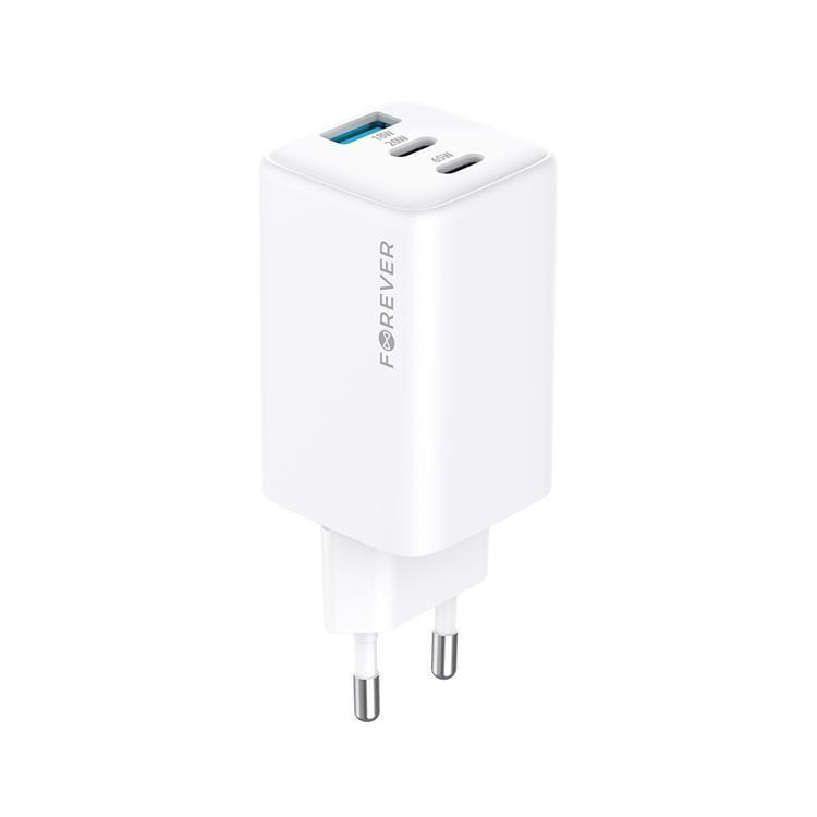 Forever Snabbladdare USB-A - 2x USB-C 65W GaN PD QC - Vit | 505295 | AlltMobil