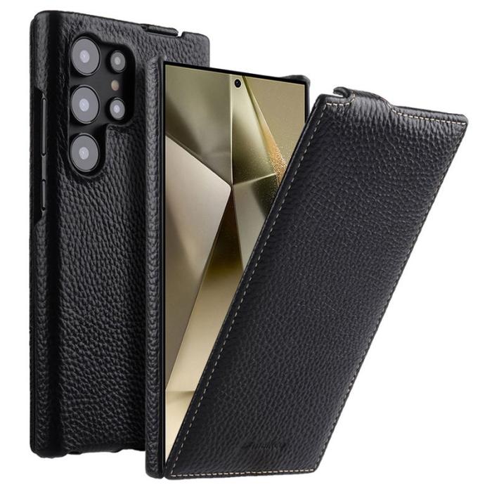 Melkco - MELKCO Mobilskal till Galaxy S25 Ultra Vertikalt Flip Äkta Läder + PC Svart