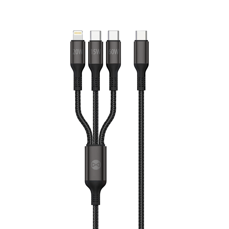 Forever 3in1 USB-C/2x USB-C/Lightning Kabel 1.2m 60W - Svart | 3541 | AlltMobil