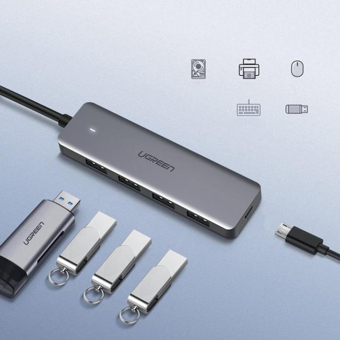 Ugreen - Ugreen USB HUB - 4x USB 3.2 Gen 1 med Mikro-USB-Strömport - Grå